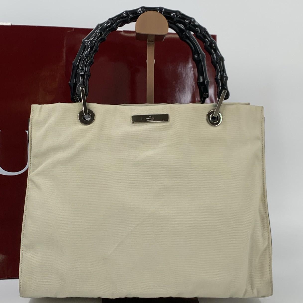 

GUCCI Bamboo Handbag Tote Bag Nylon Canvas Leather Beige Ivory White Black 002 1010