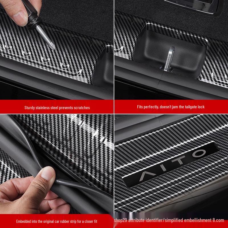 AITO M8 Rear Bumper Cover: Carbon Fiber Texture/Stainless Steel Tailgate Sill Plate - Dirt & Scratch Resistant.