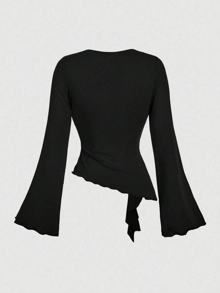 Women's Sexy V-neck Irregular Long-sleeve T-shirt - Solid Color, Autumn Collection