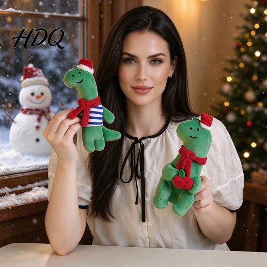 Green Red Plush Figurine Cute Christmas Dinosaur Doll Mini Stuffed Dino Toy with Santa Hat Decorative Accent for Windows & Scarf Soft Animal Holiday