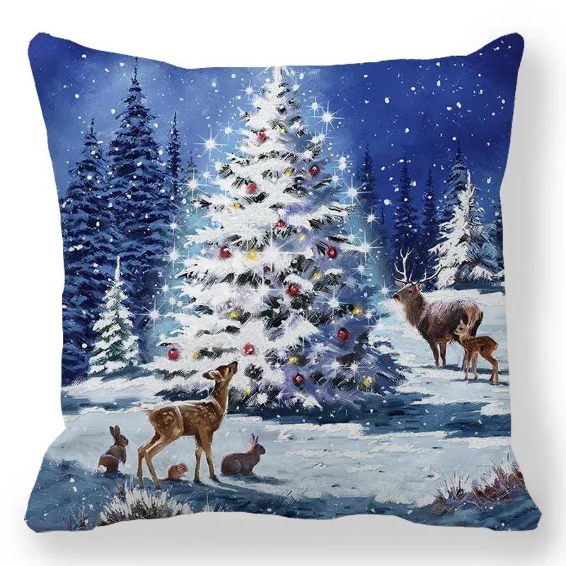 Christmas Decor Cushion Cover Christmas Gifts Home Party Decorative Pillow Cover Winter Snow Scene Animal Angel Print Pillowcase