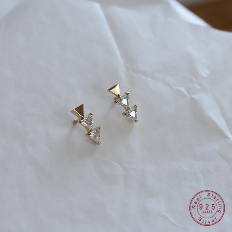 

925 Sterling Silver Plated 14K Gold Korean Geometric Triangular Zircon Earrings for Women Small Exquisite Everyday Jewelry Gold