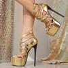 Neues Design Schmaler Riemen mit Schnalle Plateau Damen Sandalen Sexy Sommer Goldene Dünne Hohe Absätze Stripper Schuhe