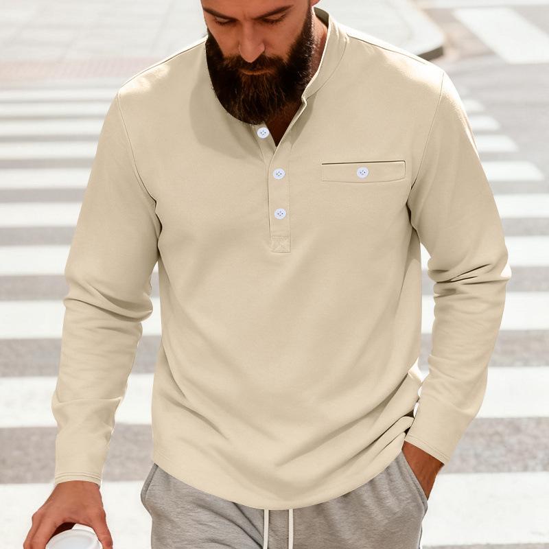 Men Solid Color Long Sleeve Round Neck Button Decor Casual Loose Polo Shirt
