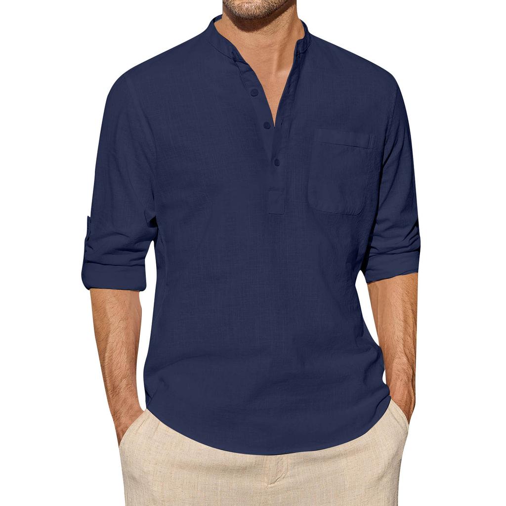 Designer Spring Summer Men's Casual Cotton Linen Solid Color Long Sleeve Shirts Loose Stand Collar Shirts