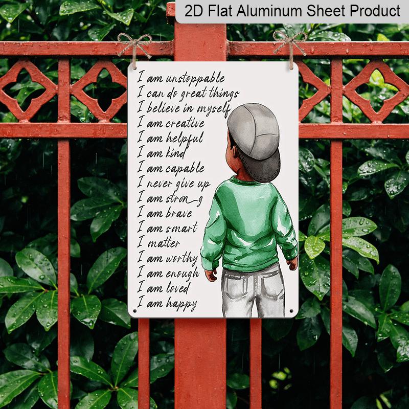 2D Flat, 1pc Inspirational "I Am Unstoppable" Aluminium Sign - 8"x12" Motivational Black Boy in Cap & Green Sweater Wall Art, Positive Affirmation