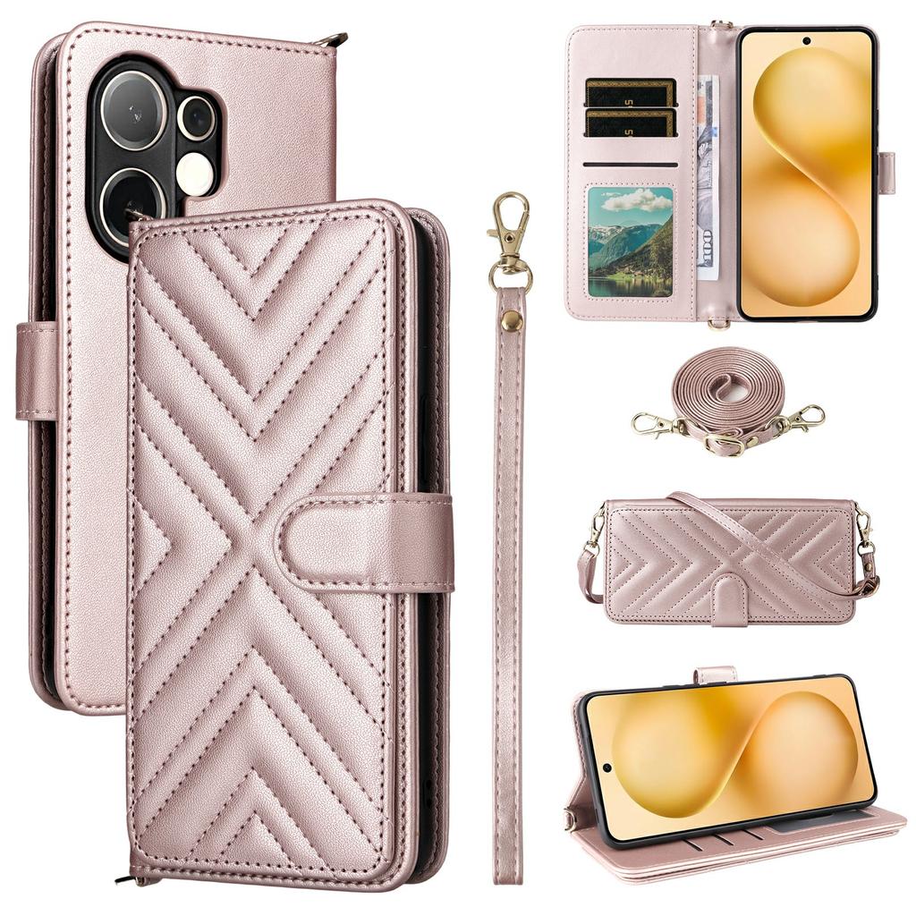 For vivo V60 5G Case with Shoulder/Wrist Strap Leather Phone Cover Stand Wallet