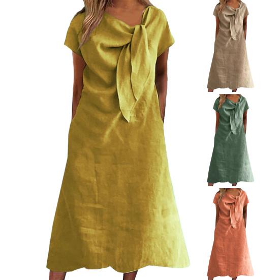 Sukienka midi dla kobiet z ozdobnym kołnierzykiem i ramiączkami, z krótkim rękawem, jednokolorowa, luźna, letnia, swobodna sukienka