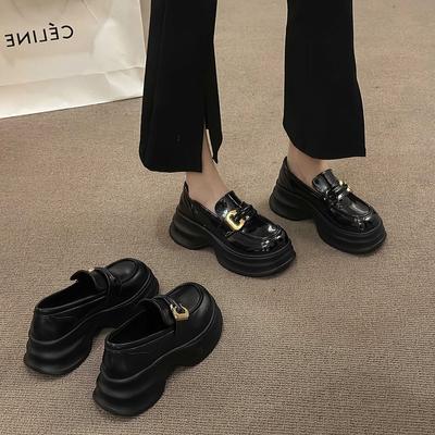 Black Muffin Thick-soled Loafer Small Leather Shoes for Women's Spring and Autumn New Retro Height-increasing One-pedal Single Shoes