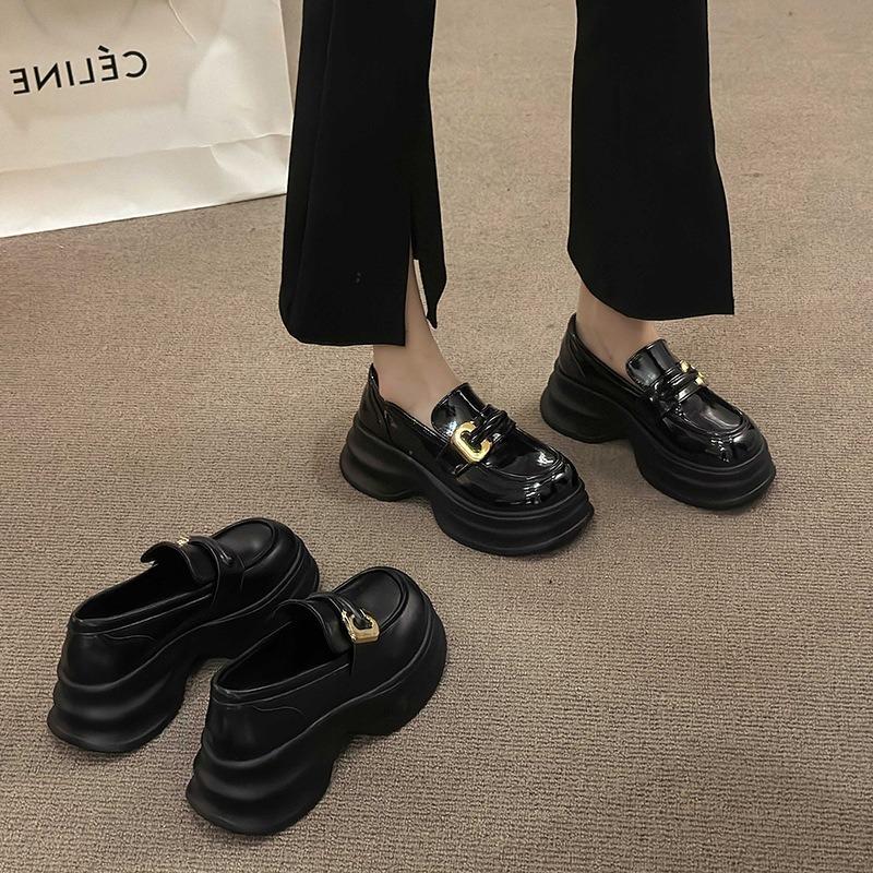 Black muffin thick-soled loafer small leather shoes for women's spring and autumn new retro height-increasing one-pedal single shoes