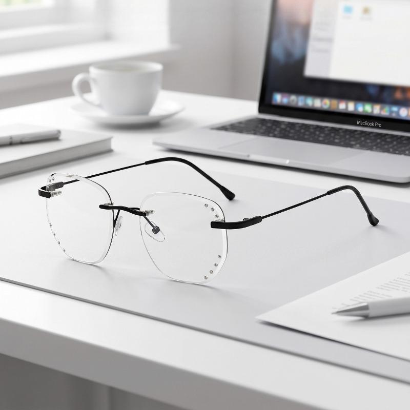 Stylish Rimless Photochromic Glasses , Rhinestone Decor Anti Blue Light Eyewear for Women, Adjustable Lens Strength 0 To -4.0, Ideal Holiday Gift