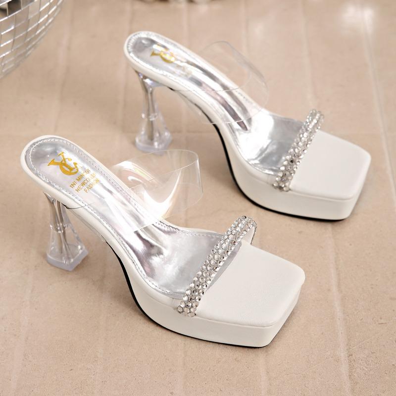 Tiny Heightened Crystal Heel 2026 Summer Block Heel Rhinestone Catwalk Clear Platform Extra Thick Platform Sandals