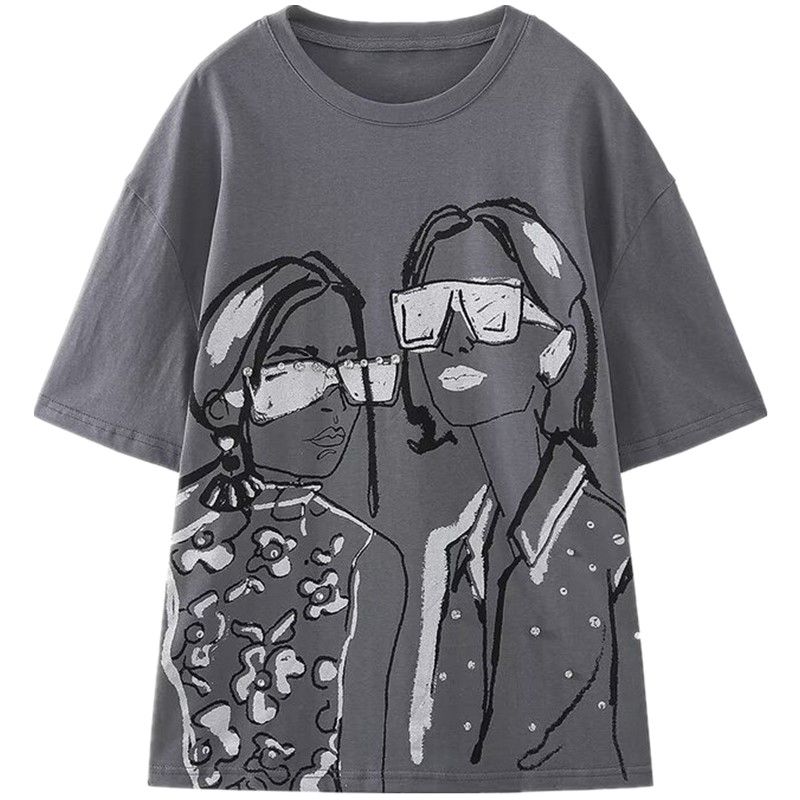 

Модный стиль Ранняя осень Новая женская одежда Стильная свободная футболка с принтом девушки с коротким рукавом 1131820 807 Picture color S