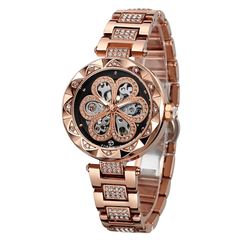 FORSINING Luxury Women's Automatic Watch Flower Skeleton Ladies Mechanical Wristwatch with Diamond Cut Bezel & Crystal Bracelet