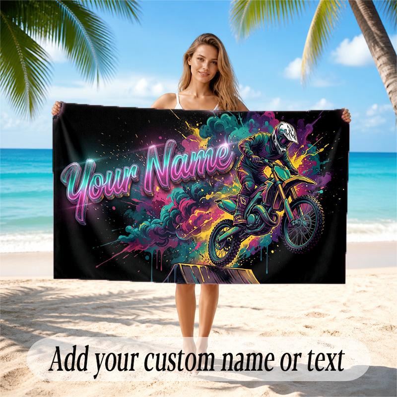 Motorcycle Biker Theme Quick Dry Beach Towel Custom Name Text Print Large Sand Resistant Towel Beach Vacation