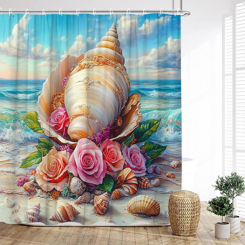 Beach Floral Conch Shower Curtains Watercolour Roses Flowers Starfish Seashells Ocean Waves Scenery Cloth Bathroom Curtain Decor