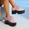 Gotiska Punk Kvinnors Plattformsdojor Rund Tå Snörning Rosa Klumpiga Sneakers PU-Läder Höjdökande Modedojor för Kvinnor