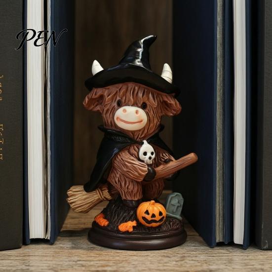 Halloween Party Supplies 2Pcs Highland Cow Witch Ornament, Resin Figurine with Hat Pumpkin Broom Fall Seasonal Displays & Skull, Cute Farmhouse