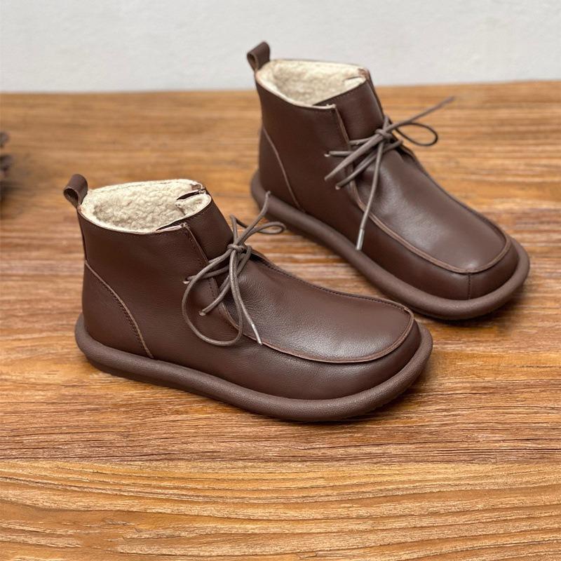 Echte Lederstiefel aus Baumwolle, handgefertigt, Vintage, runde Zehenpartie, flache Unterseite, warme Stiefel aus Rindsleder