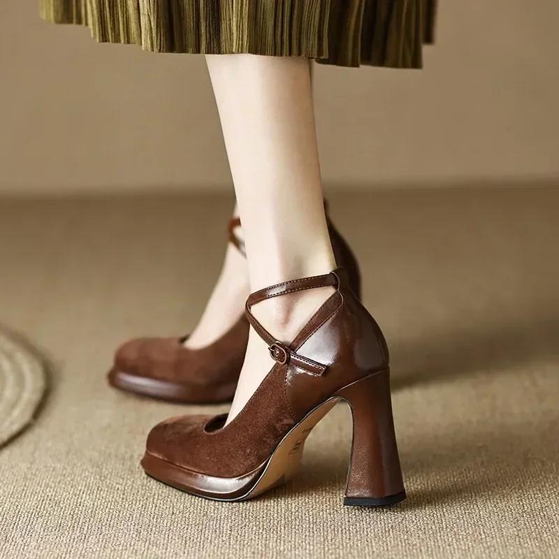 Shoes for Men Faux Suede Sexy Pumps Ladies Vintage Black Sandals Woman Office Buckle Non-Slip Casual Wedding Shoes Bride Heels