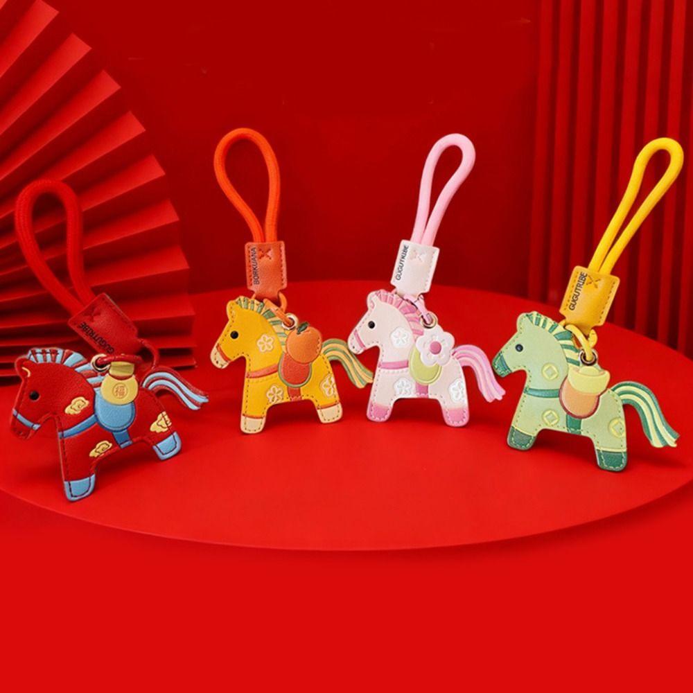 Leather Horse Keychain Access Control Card Holder Zodiac Pony Bag Hanging Year of The Horse