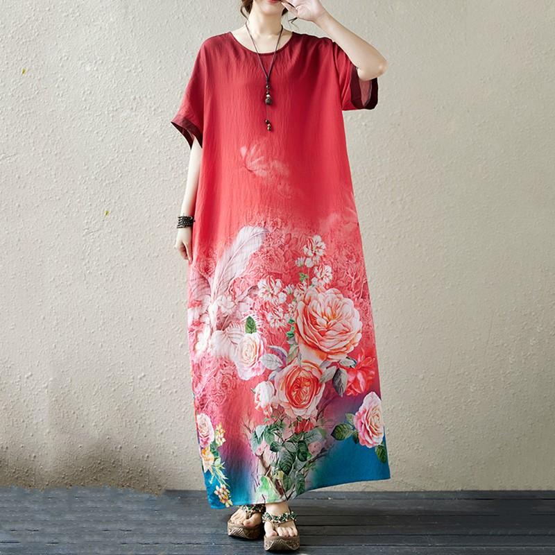 Krátký rukáv Nadměrná velikost vintage květinová novinka v šatech pro ženy ležérní volné Maxi dlouhé letní šaty