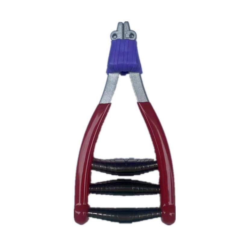 Manual Badminton & Tennis Racket Stringing Machine with Starting Clamp, String Blocking Pliers, and Pressure Reducing Pad.