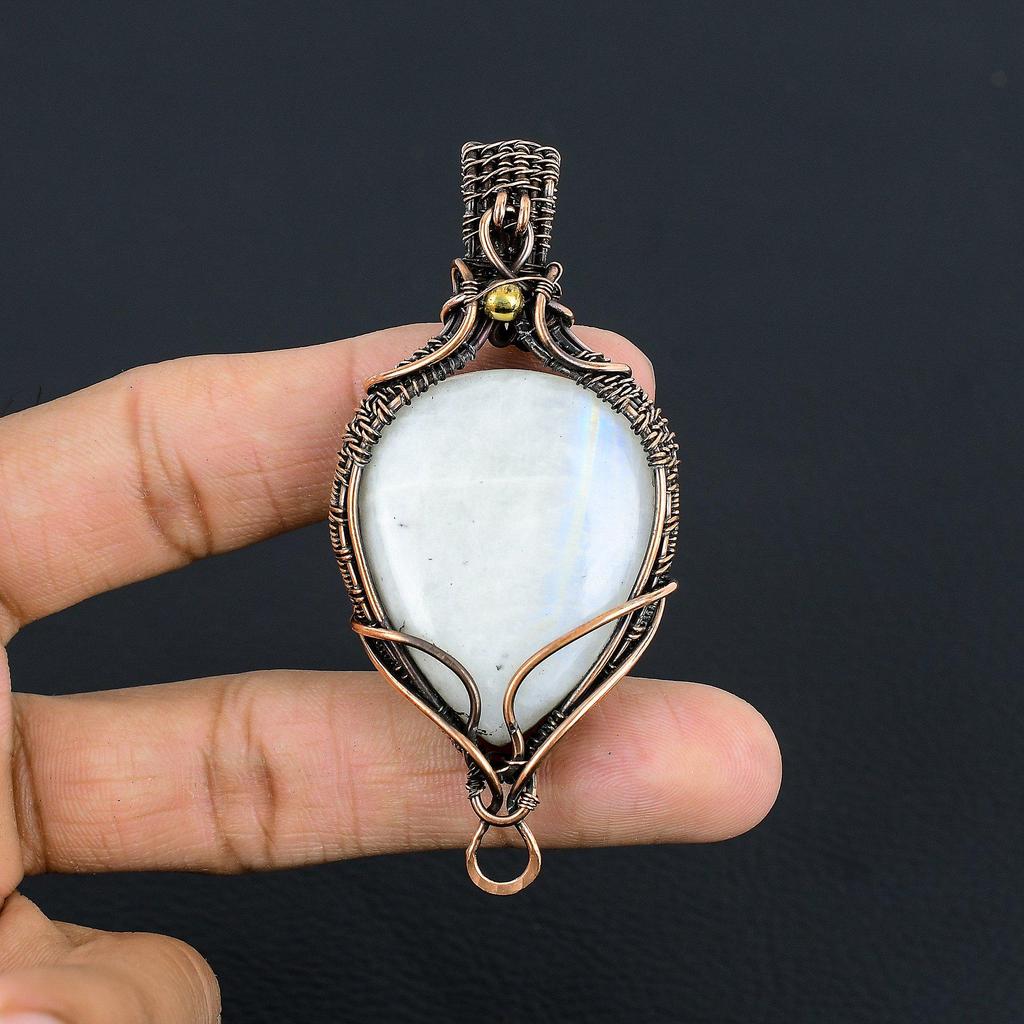 Rainbow Moonstone Pendant Gemstone Jewelry, 999 Copper Wire Wrapped Pendant, Handmade Beautiful Jewelry Pendant