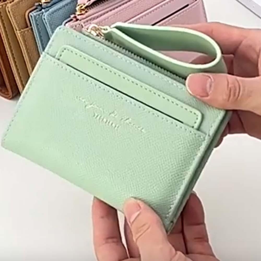 Portable Women Folding Wallet Multiple Card Lady Short PU Purse Solid Color Card Bag  Student