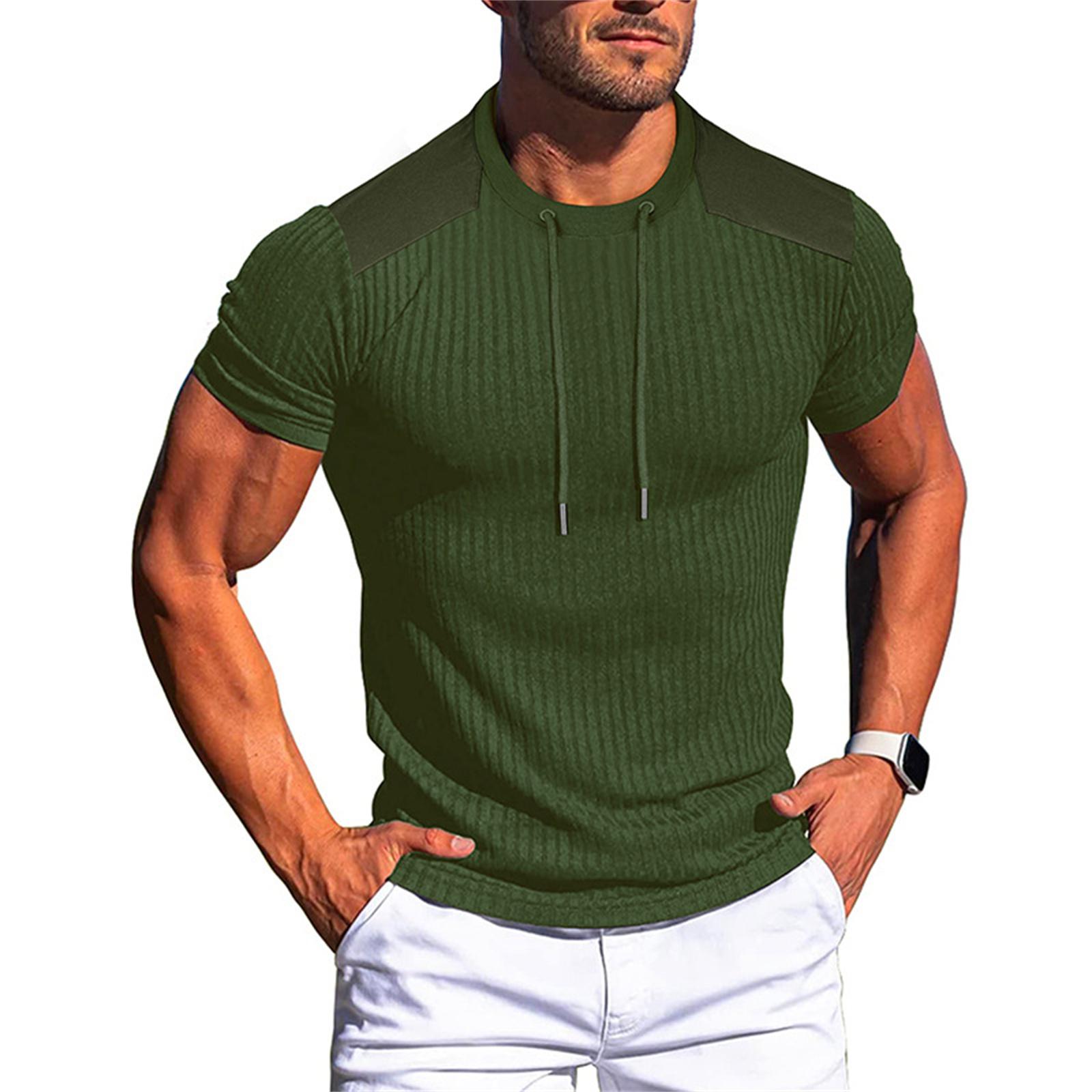 Men s Sporty Slim-fit Cotton Drawstring Round-neck Top L