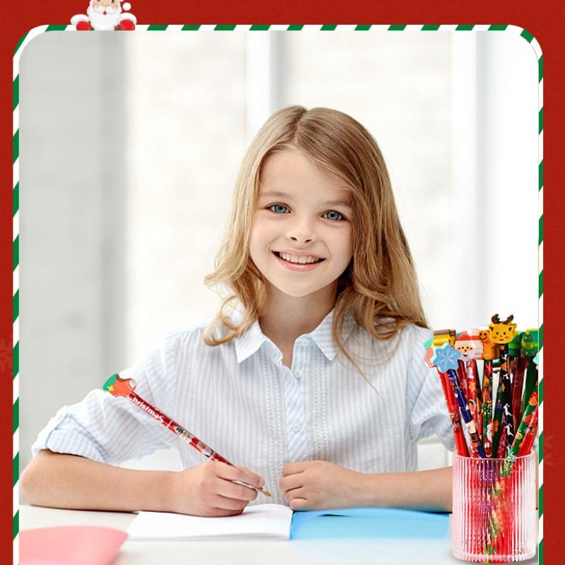 12Pcs Christmas Pencils With Cartoon Eraser Santa Claus Xmas Tree Wooden Pencils For Student School Supplies Children'S Gifts