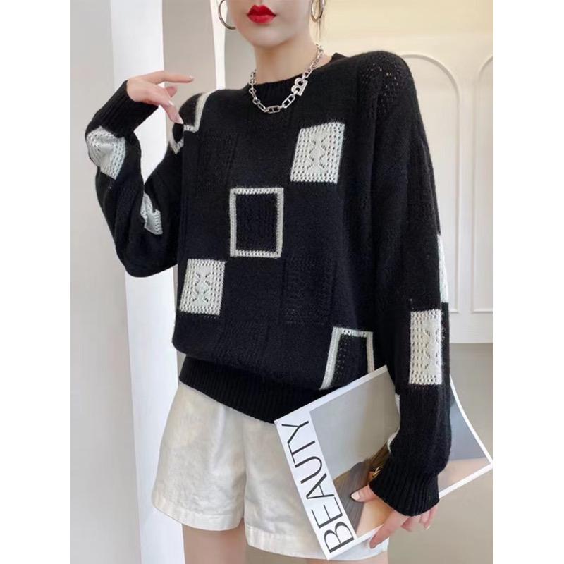 Retro Color Blocked Checkered Knitted Mohair Sweater Top for Spring and Autumn