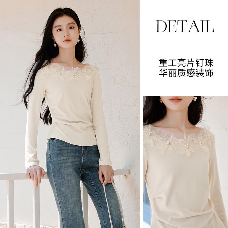 Three Dimensional Flower Mesh Splicing Slim Fit One Collar Long Sleeved T-shirt
