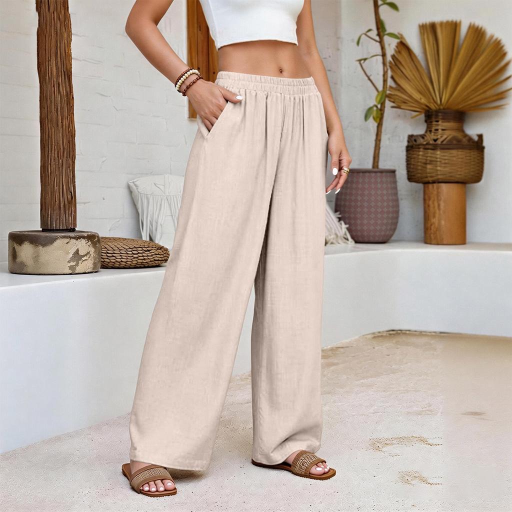 Damen Baumwolle Leinen Bequem Farbe Locker Elastischer Bund Lässig Weites Bein Hose
