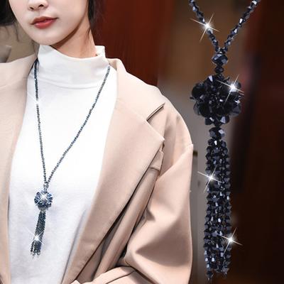 Faux Crystal Necklace Knotted Beaded Long Tassel Shiny All Match Good Gloss Women Long