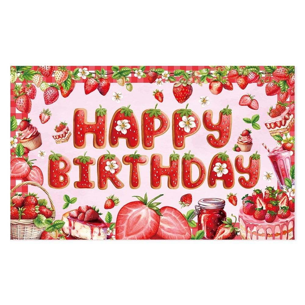 

Pink Themed Strawberry Children Birthday Party Decoration Banner Background