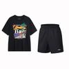 Comfortable Letter Print Round Neck Loose Shoulder Short Sleeve Elastic Waist Shorts Sports Suit Men Sets Black AHSU713-1+-AKST633-1_