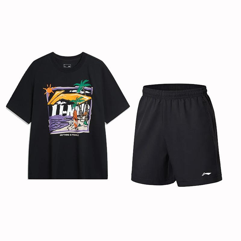 

Li-Ning Comfortable Letter Print Round Neck Loose Shoulder Short Sleeve Elastic Waist Shorts Sports Suit Men sets Black AHSU713-1+-AKST633-1_ S