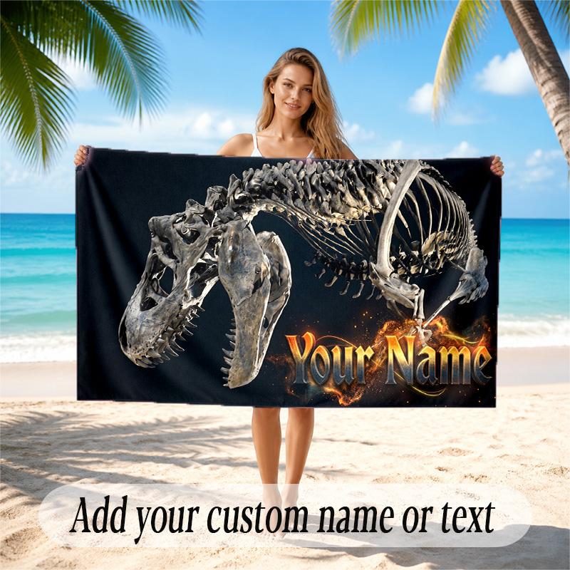 Dinosaur Theme Quick Dry Beach Towel Custom Name Text Print Large Sand Resistant Towel Beach Vacation