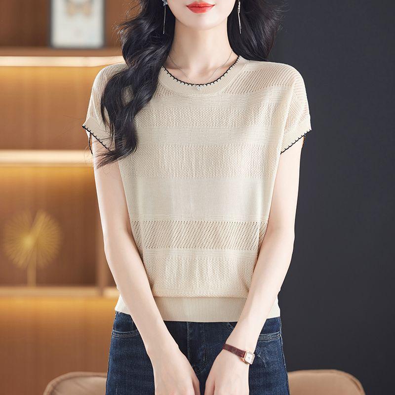 Ice Silk T-shirt for Women Loose and Simple Top Round Neck Knitted T-shirt for Summer