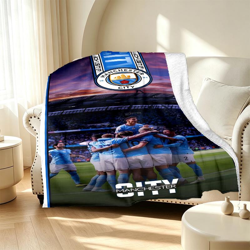 Manchester City FC Pattern Blanket for Home Decoration, Bed, Sofa, Car Travel, Camping, Suitable for All Seasons, Birthday Christmas Gift
