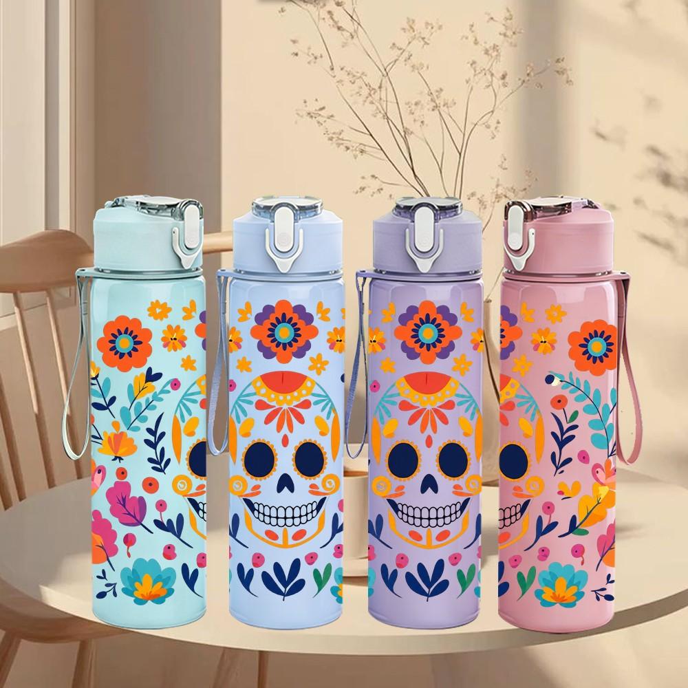 1PC Mexican Floral Skull Art 750ml Color Plastic Sports Water Bottle Leakproof Flip Straw Lid Suitable for Sports Office Home Use