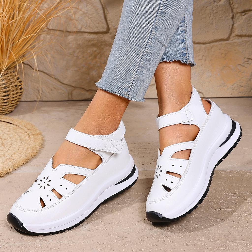 Fashion Low Sandals Woman Leather Shoes 2025 Summer Clogs Wedge Breathable Suit Female Beige Large Size Muffins Shoe Low-heeled Fashion