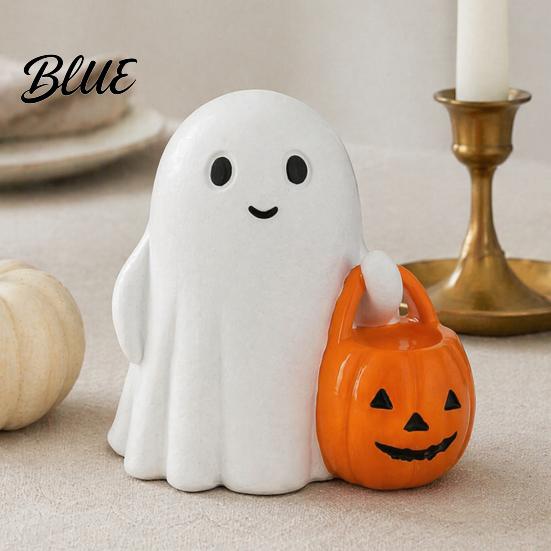 Ghost Desktop Decoration Halloween Holding Pumpkin Figurine Spooky Statue with Lighted Figurine Night Light Resin Ornament for Desk Tabletop