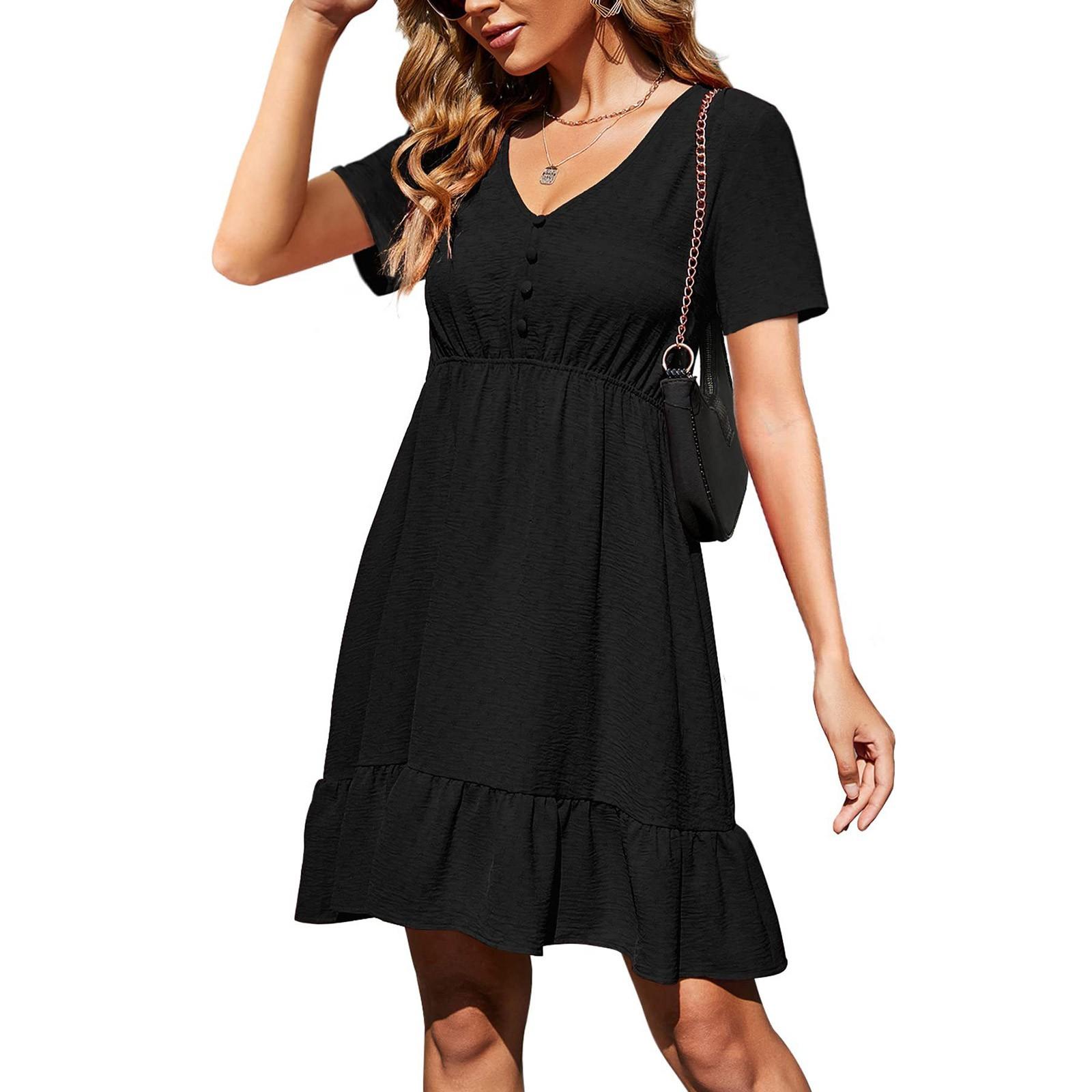 Women s Short Sleeve V Neck Chiffon Dress Tunic Ruffle Hem High Waist Skirt M чёрный
