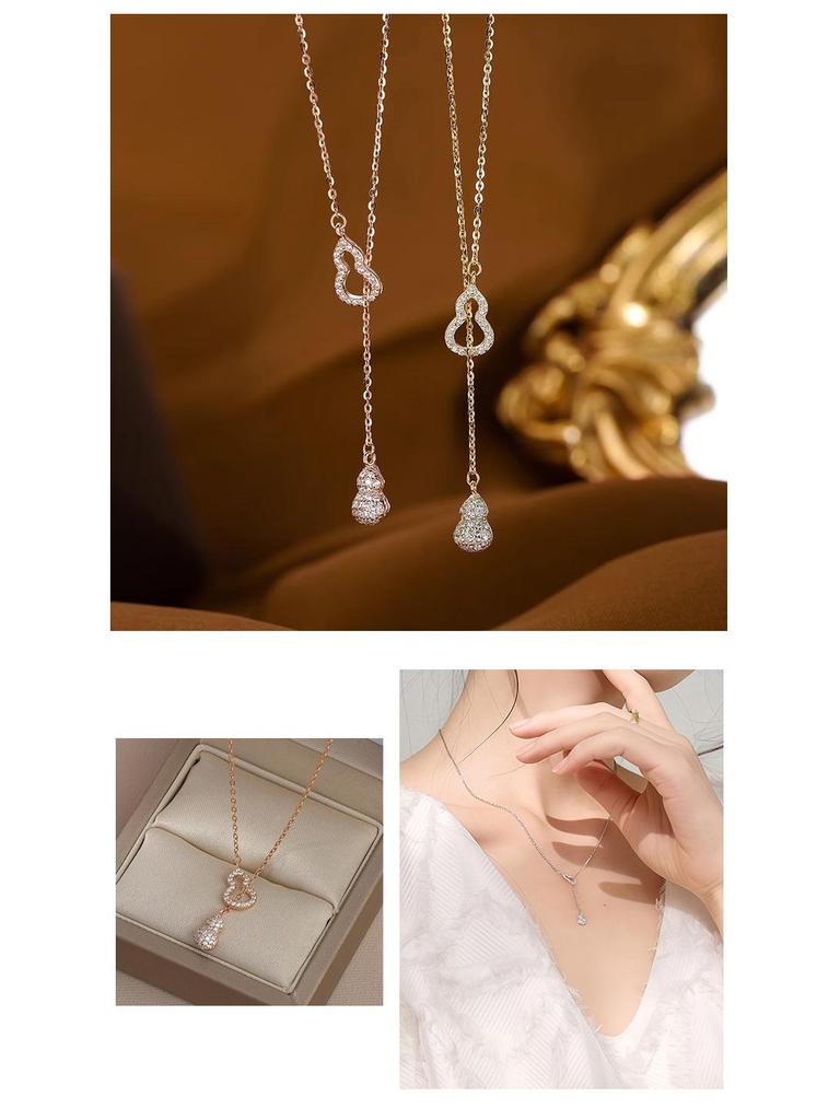 Elegant S925 Sterling Silver Diamond Gourd Necklace with Tassel - Women's Luxury Fashion Clavicle Chain