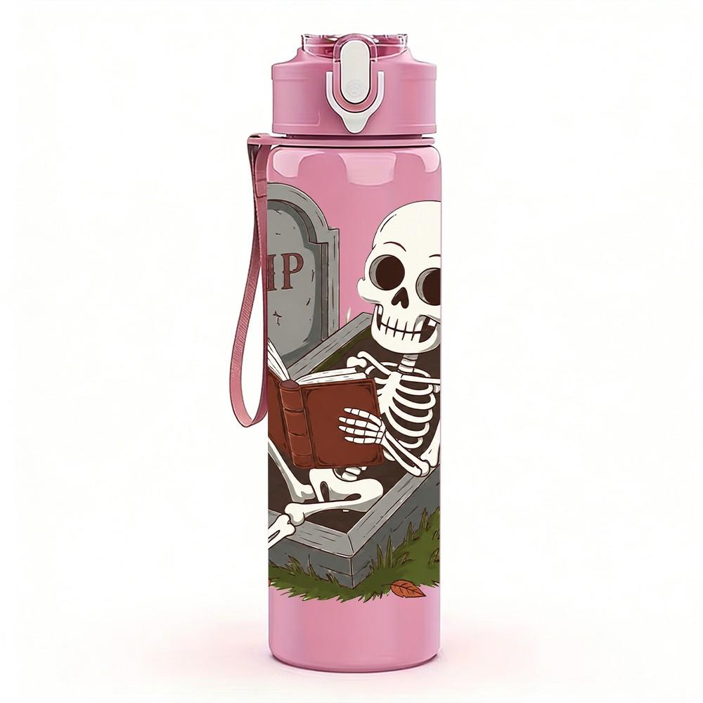 1PC Skeleton Tombstone Halloween Pattern 750ml Color Plastic Sports Water Bottle Leakproof Flip Straw Lid Suitable for Sports Office Home Use