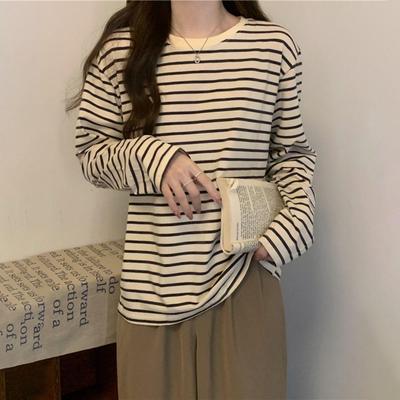 Round Neck Autumn Loose Striped Base Shirt With Inner Top For Women