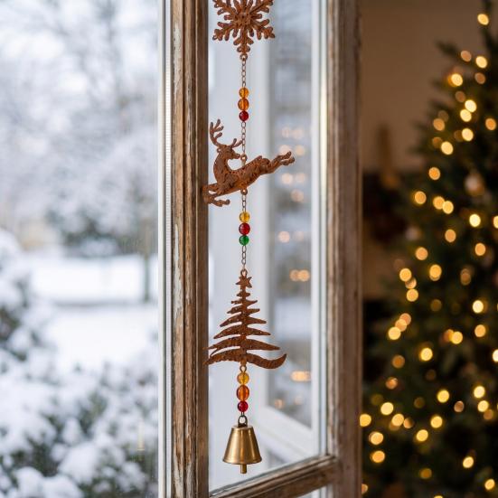 Christmas Tree Hanging Ornaments Rustic Metal Elk Wind Chime, Xmas Ornament with Reindeer Festive Entrance Hall Decor Snowflake Patterns, Vintage