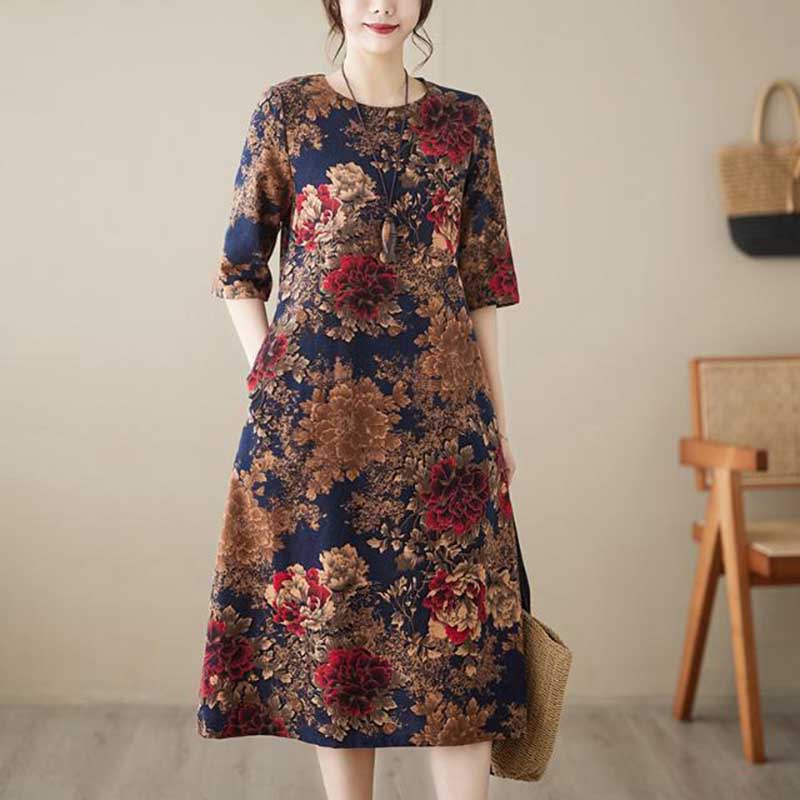 Dress for Woman Oversized Long Sleeve Ethnic Print Fitted Waist Vintage Casual Printed Long Loose Lace Dresses